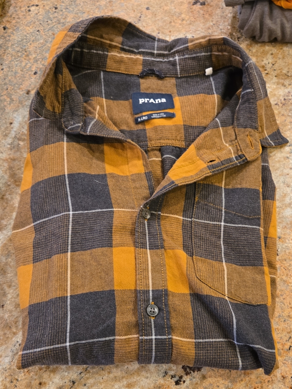 Prana Men's Mustard and Charcoal Plaid Button-Down Shirt